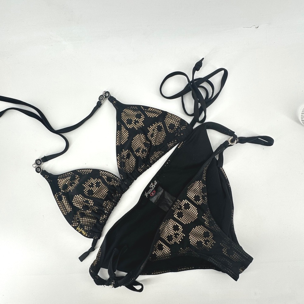 Iron Fist Skull Print Bikini Set Women S Goth Punk Black Gold Triangle Side Tie